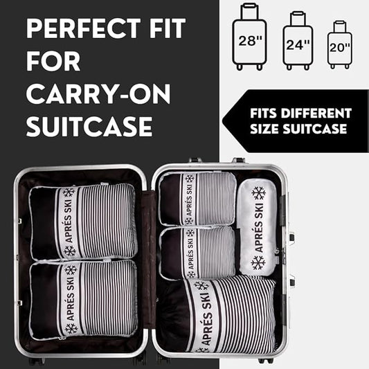 Apres Ski Compression Packing Cubes for Travel 6PC Set, Suitcase Organizer & Space Saver Bags for Luggage with Drawstring Backpack, Apres Ski Bags