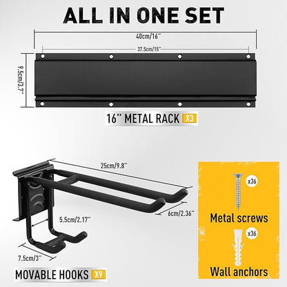 ELEAD 9-Pairs Heavy Duty Garage Tool Organizer Wall Mount Hooks, 48 Inches 730 lbs Garden Tool Organizer with Adjustable Hook