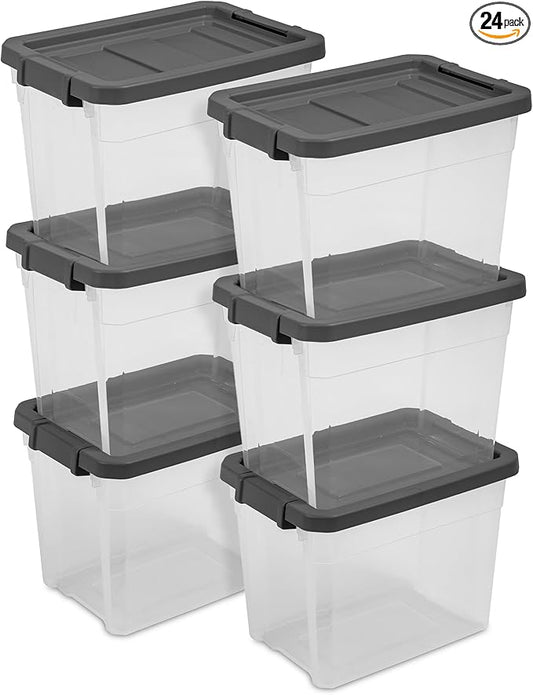 Sterilite 24-Pack Modular Stacker Box, Durable Clear Plastic Storage Bins with Latching Lids, 30 Quart - Stackable Organizing