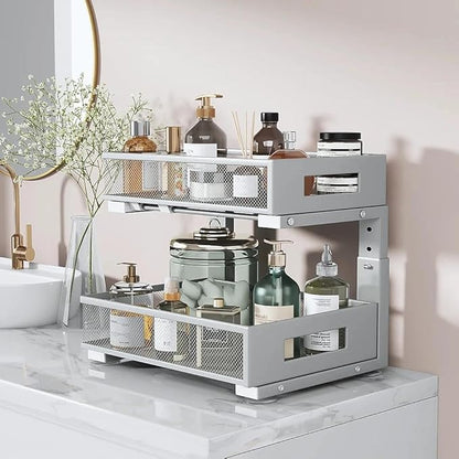 Under Sink Organizer, 2-Tier Dual Pull Out Cabinet Organizer Drawers With Smooth Circular Rail,Large Capacity Metal Mesh Slid
