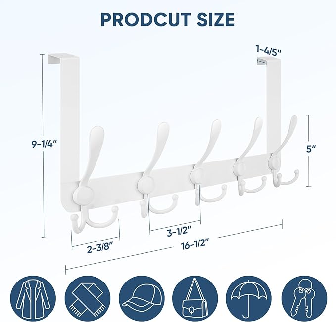 TICONN Over The Door Hooks, 5 Heavy Duty Tri Coat Rack All Metal Coat Hanger for Bathroom Bedroom Dorm (White, 1PK, Fit 1-3/4
