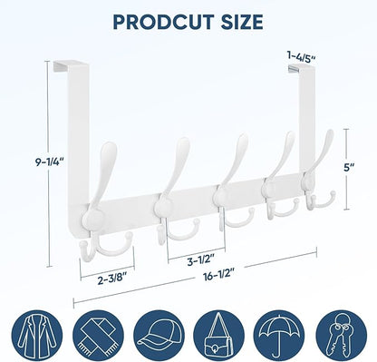 TICONN Over The Door Hooks, 5 Heavy Duty Tri Coat Rack All Metal Coat Hanger for Bathroom Bedroom Dorm (White, 1PK, Fit 1-3/4