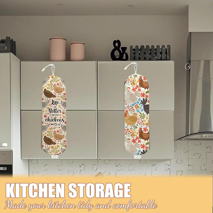 2 Pcs Chicken Plastic Bag Holder, Funny Chickens Grocery Bag Holder Plastic Storage bag, Pull Rope Free Adjustment, Floral Grocery Bags Storage Dispenser for Home Kitchen, Chicken Gifts for Women