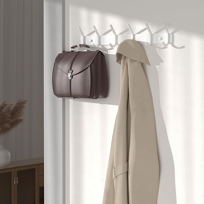 GWAAZXGZ Coat Rack Wall Mount Hooks - 15 Inch Matte White Metal 6-Hook Organizer Wall Mounted, Modern Kids Room, Entryway & B