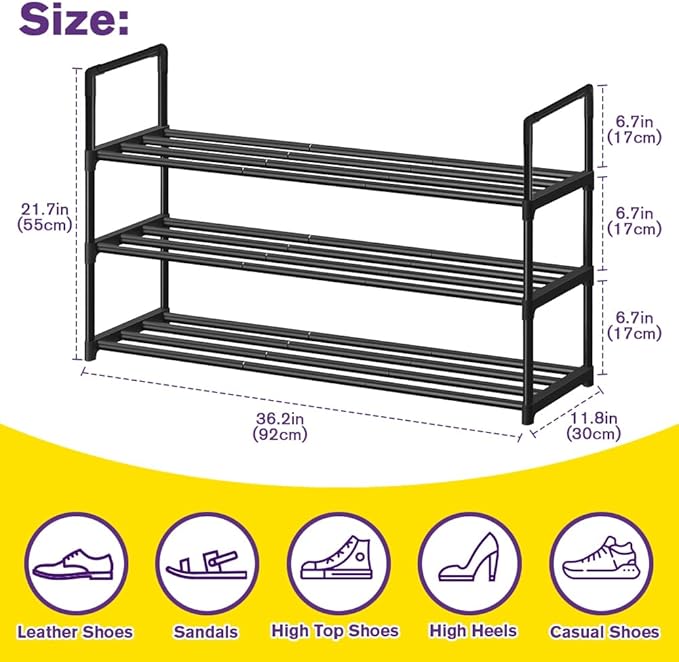 Shoe Rack - Metal Shoe Rack Organizer - Stackable Shoe Storage Shelf for Entryway, Closet, Bathroom 30cm(D) x 92cm(W) x 55cm(