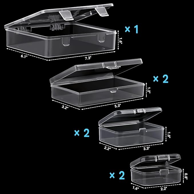 7 Pack Mixed Sizes Rectangular Mini Plastic Containers Clear Plastic Storage Boxes with Hinged Lids Empty Beads Organizers fo