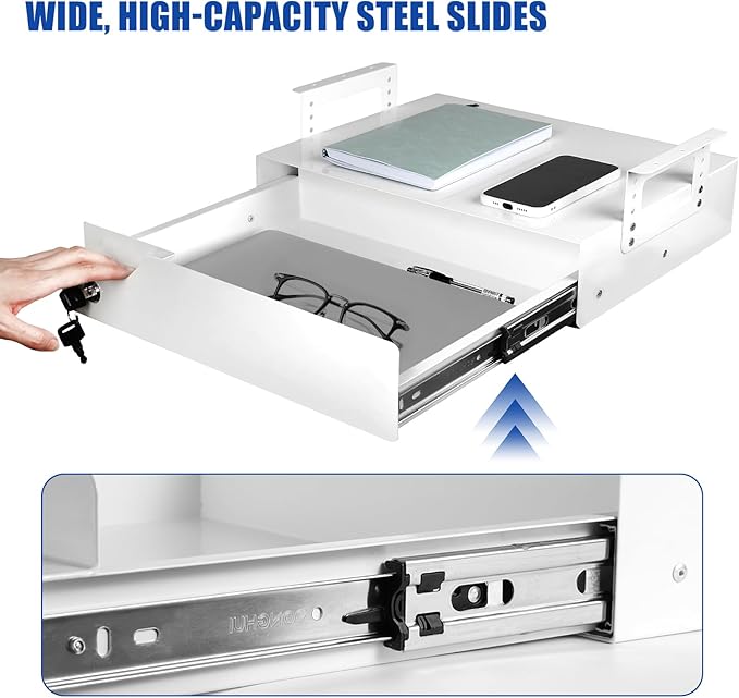 16 inch Under Desk Mounted Drawer with Tall Brackets Height Adjustable Pull Out Drawer Covered with Lock Secure for Office De