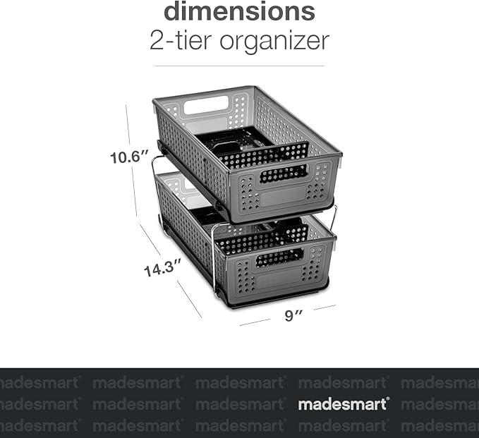 madesmart Antimicrobial 2-Tier Organizer Multi-Purpose Slide-Out Storage with Handles and Dividers for Home and Bath, Pack of