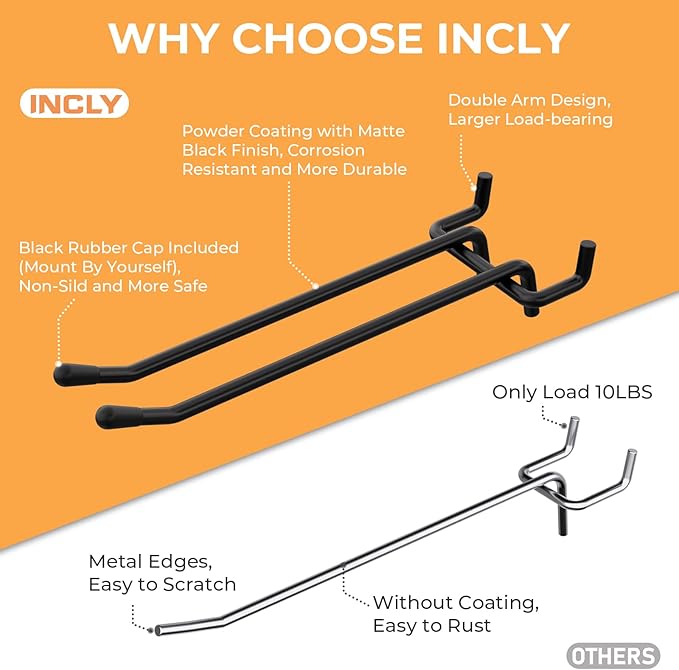 INCLY 4/6 Inch Black Pegboard Hooks, 36 Pack Heavy Duty Double Arm Peg Board Straight Hooks, Peg Board Tool Hangers Fit for 1