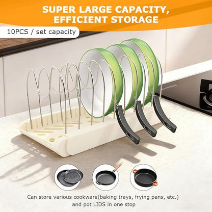 Pot and Pan Organizer, Expandable Pan Organizer for Cabinet, Pot Lid Holder with 10 Adjustable Compartments for Kitchen Cabinet Cookware Baking Frying Rack(White)