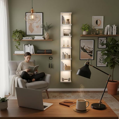 7 Tier Wall Shelf with Lights, White Lack Wall Shelf, Display Floating Shelves with Remote Control for Home Decor Bedroom Van