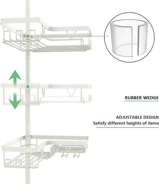 Corner Shower Caddy Tension Pole, 4-Tier Adjustable Corner Shower Caddy with Soap Dish & Razor Holder, Stainless Steel Tensio