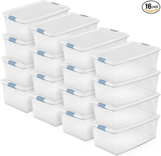 Sterilite 16-Pack Latching Box, Under Bed Storage Bins with Lids, Clear Plastic, 106 Quart - Heavy-Duty Organizing Containers