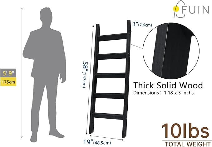 FUIN 5ft (58") Wood Blanket Ladder Living Room Decorative Wall Leaning Farmhouse Quilt Display Holder Storage Rustic Wooden T