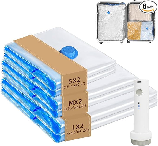 Vacuum Seal Bags with Portable Electric Pump, 6 Pack Vacuum Storage Bags for Clothing Travel, Compression Packing Space Saver