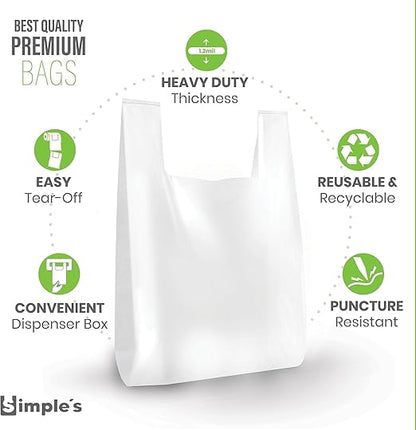 Simple's Plastic Shopping Bags In Bulk (12 Pack With 80 Bags Each) Heavy Duty Grocery bags with Handles For Business, T Shirt Bags, Bag Dispenser Roll - Measures 12"x7"x22", 1.2 Mil Thickness