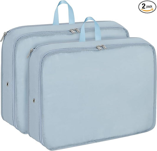 Compression Packing Cubes, 2pc Compression bags for Travel Packing Organizer, Expandable Compression Cubes for Travel, Light Blue