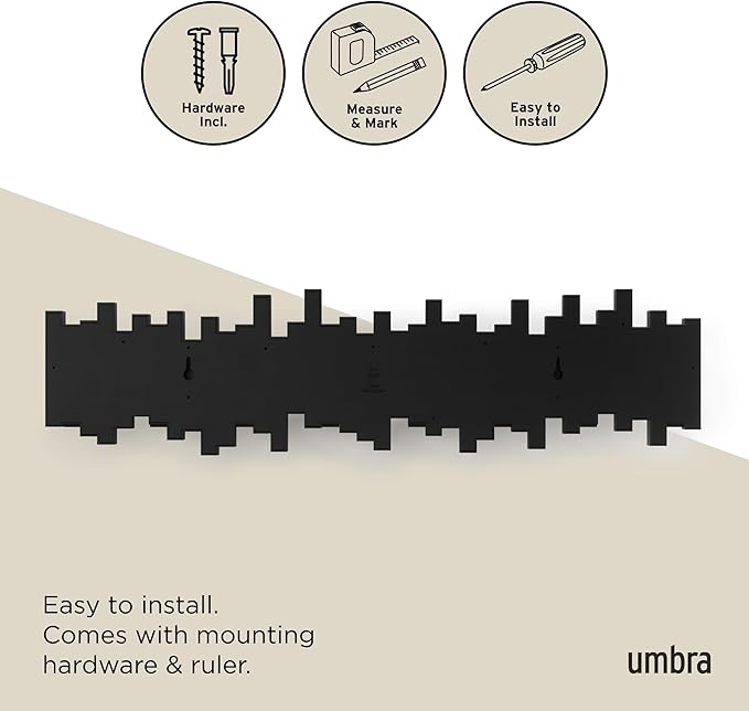 Umbra Sticks Wall-Mounted Coat Rack Rail Hook with 8 Retractable Pegs – Modern, Space-Saving Storage Organizer, Black