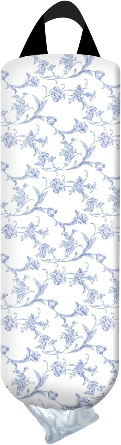 Plastic Bag Holder, Wall Mount Plastic Bag Organizer Dispenser, Reusable Grocery Bag Holder, Trash Bag Organizer for Home Kitchen Beautiful Blue Floral