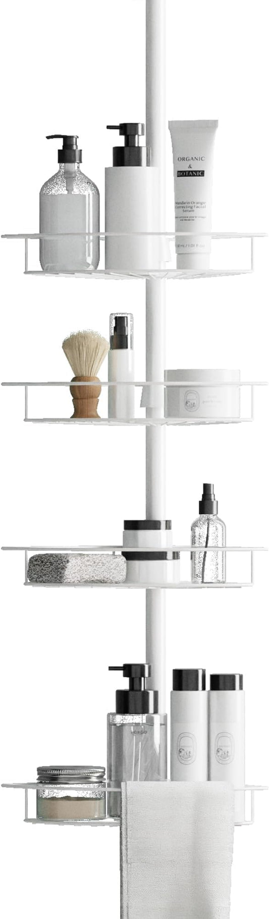 Zenna Home Tension Pole Shower Caddy Corner Organizer, Adjustable Standing Shower Caddy with 4 Baskets and Built in Towel Bar