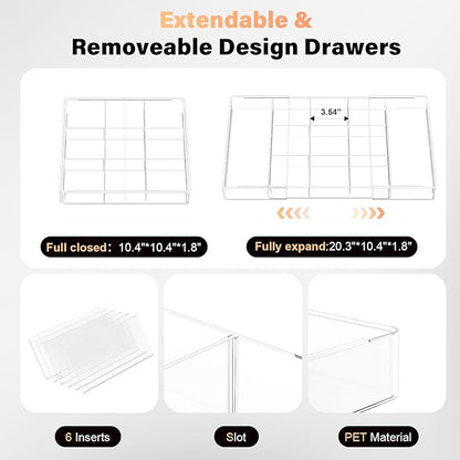 Acrylic Expandable Desk Drawer Organizer with 11 Adjustable Compartments and 6 Removable Dividers Desk Accessories for Office
