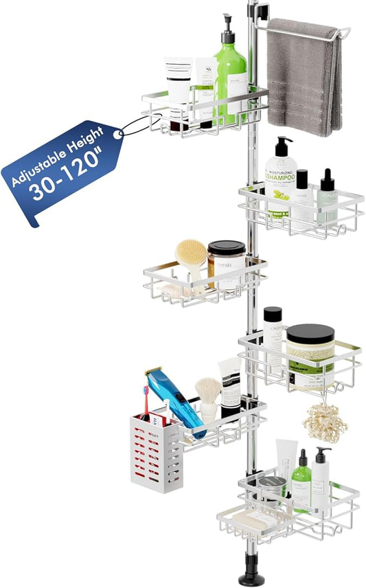 Shower Caddy Corner Tension Pole, Stainless Steel Rustproof 6 Shelves Bathroom Organizer with Towel Bar & Toothbrush Holder, 