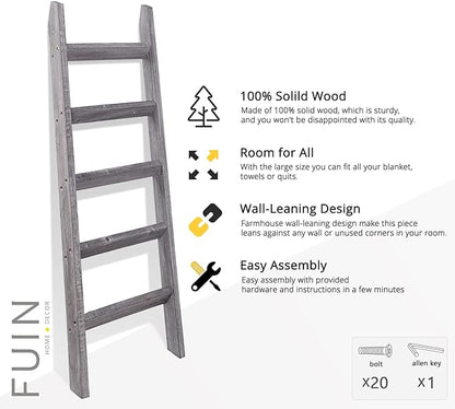 FUIN 5ft (58") Wood Blanket Ladder Living Room Decorative Wall Leaning Farmhouse Quilt Display Holder Rustic Wooden Towel Rac