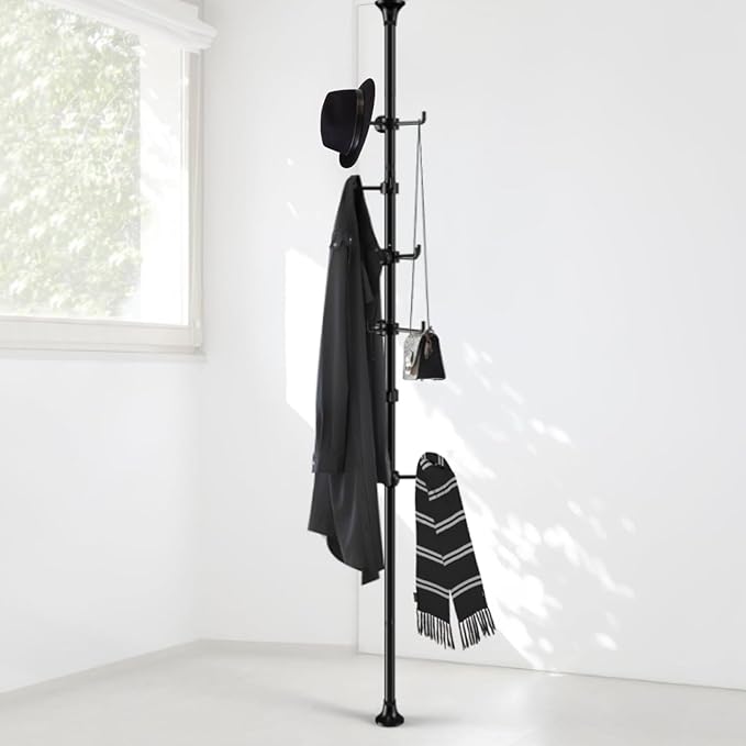 Coat Rack Freestanding, 56 to 125 inch Adjustable Tension Rod Hanger with 12 Hooks for Hanging Coat, Plant,Jacket, Hat, Scarf