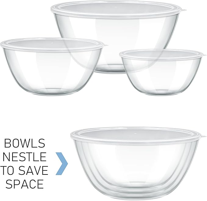 Glass Mixing Bowls with Lids Set of 3(4.4QT,2.7QT,2.1QT),Thick Glass Bowls Clear Salad Bowl Nesting for Baking,Cooking,Serving, Food Prep,Storage,Dishwasher Microwave Freezer Safe