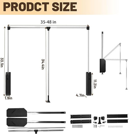 tonchean Pull Down Closet Rod, Stainless Steel 35-48 Inch Adjustable Closet Rod for Hanging Clothes Side & Back Mounted, Heav