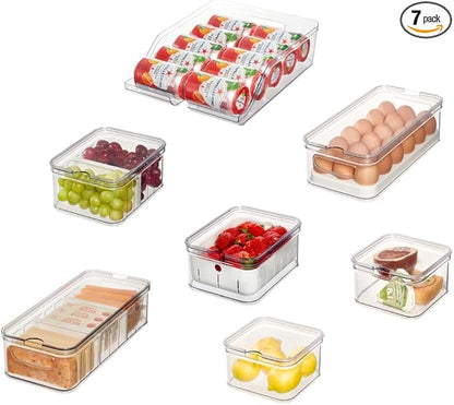 iDesign Crisp 7-Piece Recycled Plastic Refrigerator Organizer Bin Set with Lids, Clear/White