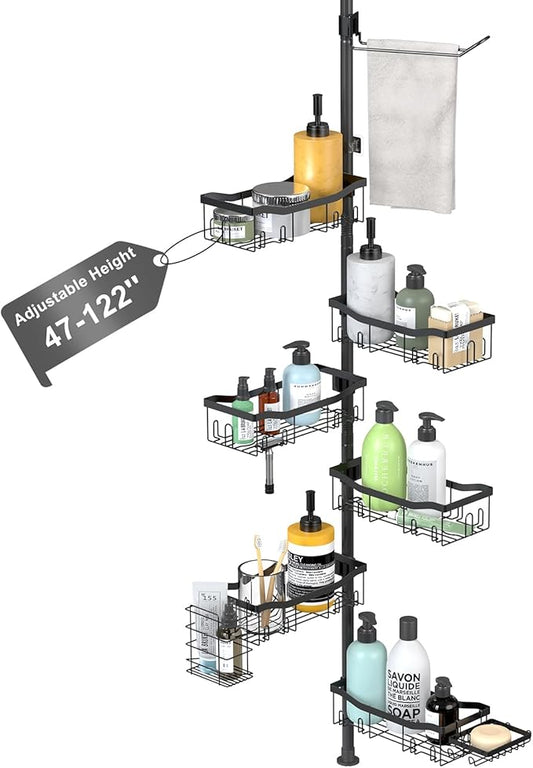 Shower Caddy Corner, 6 Tier Tension Pole Rod Bathroom Organizer Shelves, Adjustable Bathtub Shampoo Stand Rack with Towel Rac