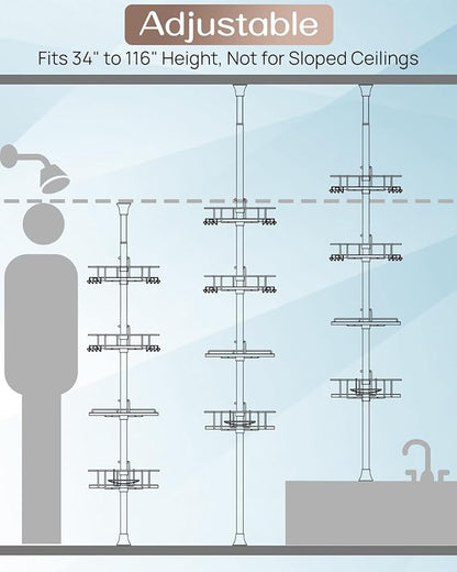 ALLZONE Corner Shower Caddy Tension Pole, 4 Repositionable Hang-On Baskets with Mixed-Height Shelves for Various Bottle Sizes