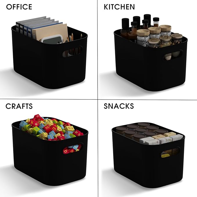 ORGIDOL 12 Pack Black Plastic Storage Bins, Storage Container for Organizing, Storage Boxes with Handle for Shelves, Cute Org