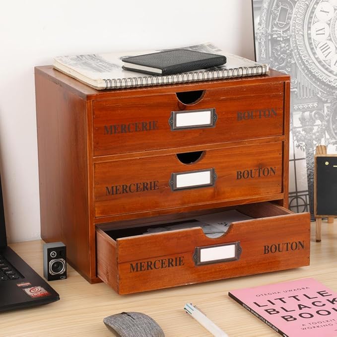 Wooden Storage Box Rustic Desktop Organizer with 3 Drawers Office Desk Accessories Shelf Large Craft Storage Containers Apoth