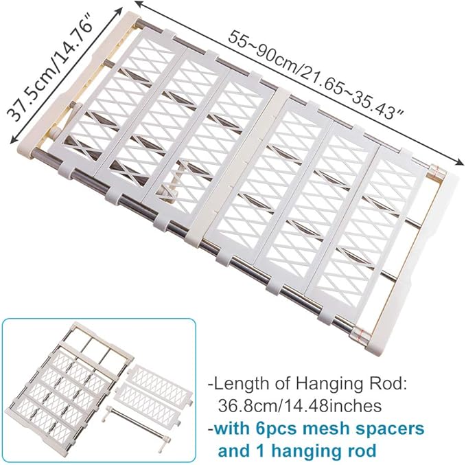 BAOYOUNI Adjustable Closet Shelf Extension Rod Clothes Storage Rack Organizer Hanger DIY Dividers Space Savers with 6 Mesh Sp