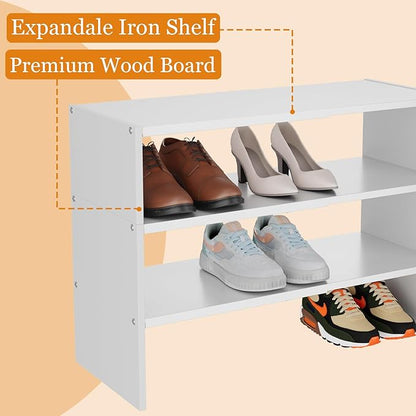 3-Tier Expandable White Shoe Rack Organizer for Closet, Stackable Shoe Racks Storage Shelf, Small Metal Wood Combination Shoe