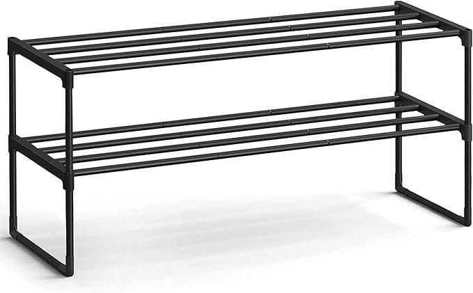 SONGMICS Shoe Rack, 2-Tier Shoe Organizer, Metal Storage Shelf, Upright or Upside Down, for 12-15 Pairs, Stackable, for Entry