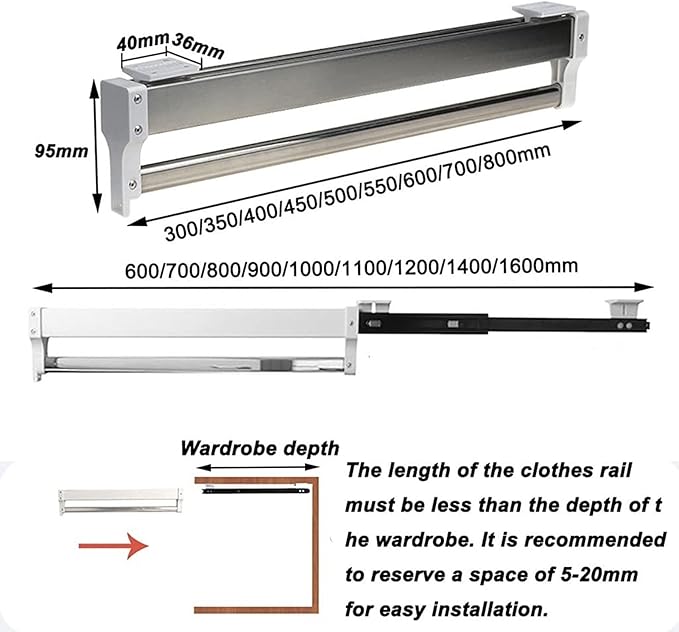 Pull-Out Clothes Rail,Extendable Pull Out Closet Rod - Wardrobe Pull-Out Trousers Rack, Adjustable 30-80cm Wardrobe Rail Clot