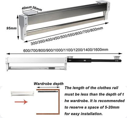 Pull-Out Clothes Rail,Extendable Pull Out Closet Rod - Wardrobe Pull-Out Trousers Rack, Adjustable 30-80cm Wardrobe Rail Clot