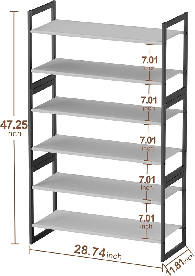 6-Tier Shoe Rack Organizer, Zero-Wobble Metal Frame with Screw-Fastened Joints, 11.8" Deep Heel-Friendly Non-Woven Shelves, S