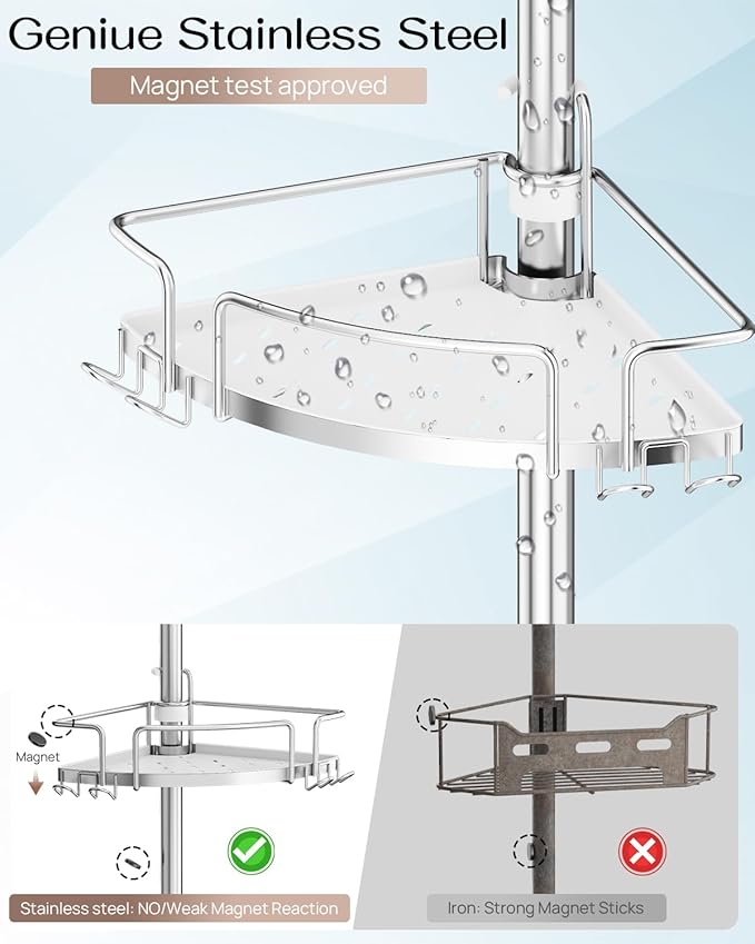ALLZONE Corner Shower Caddy Tension Pole, 4 Repositionable Hang-On Baskets with Mixed-Height Shelves for Various Bottle Sizes