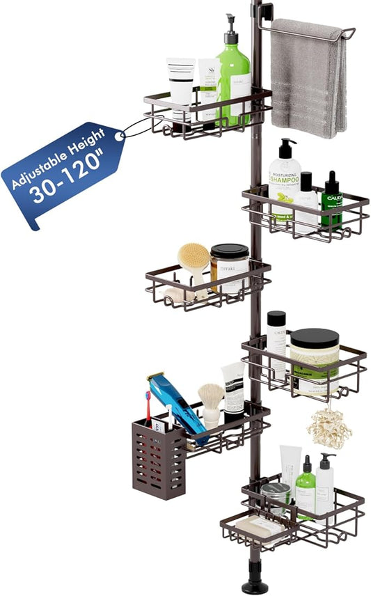 Corner Shower Caddy Tension Pole,Adjustable 30-120 Inch Bathroom Organizer Storage,Rustproof 6-Tier Shower Corner Shelves,Tow