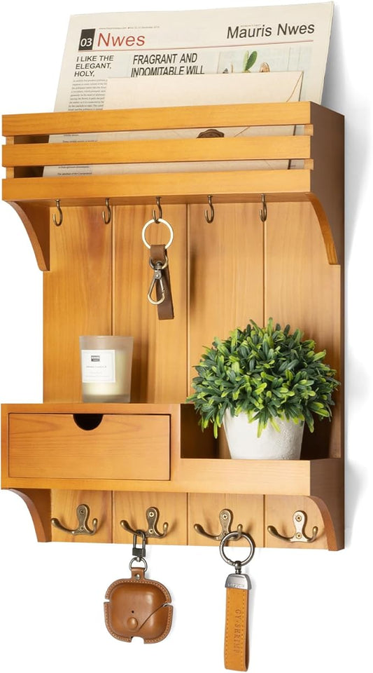 Rebee Vision Farmhouse Key Holder Wall Mount with Mini Drawer Organizer – Mail Organizer with 9 Key Hooks – Ideal Home Decor 