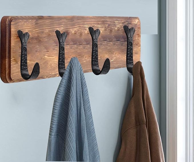The Metal Magician Pack of 4 Fish Tail HANDFORGED Rustic Wrought Iron Hooks Vintage Old Country Iron Hanging Hooks Cottage Ki