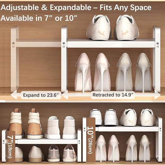 Expandable 1-Tier Metal Shoe Rack (H:10"), Adjustable Width 14.9"-23.6", Heavy-Duty Stackable Free-Standing Shoe Shelf for Cl