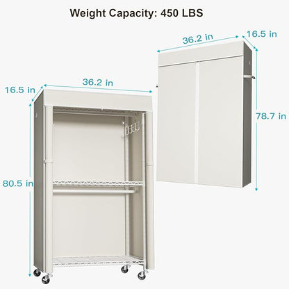 FUTASSI White Clothing Rack with Beige Cover, P1C Rolling Closets with Wheels, Metal Garment Rack for Hanging Clothes, Clothi