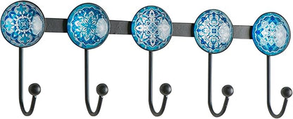 Boho Coat Rack Wall Mounted with 5 Hooks, Glacier Theme Mandala Pattern Decorative Wall Hooks for Hanging Hat, Key, Towel, Pu