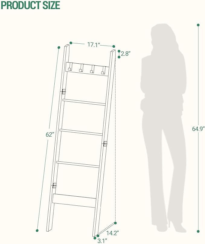 Hzuaneri Blanket Ladder for Living Room, Decorative Quilt Rack with 4 Removable Hooks, 5-Tier Farmhouse Ladder Holder Shelf O