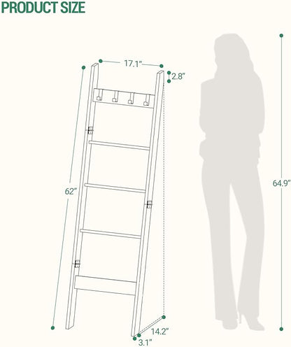 Hzuaneri Blanket Ladder for Living Room, Decorative Quilt Rack with 4 Removable Hooks, 5-Tier Farmhouse Ladder Holder Shelf O